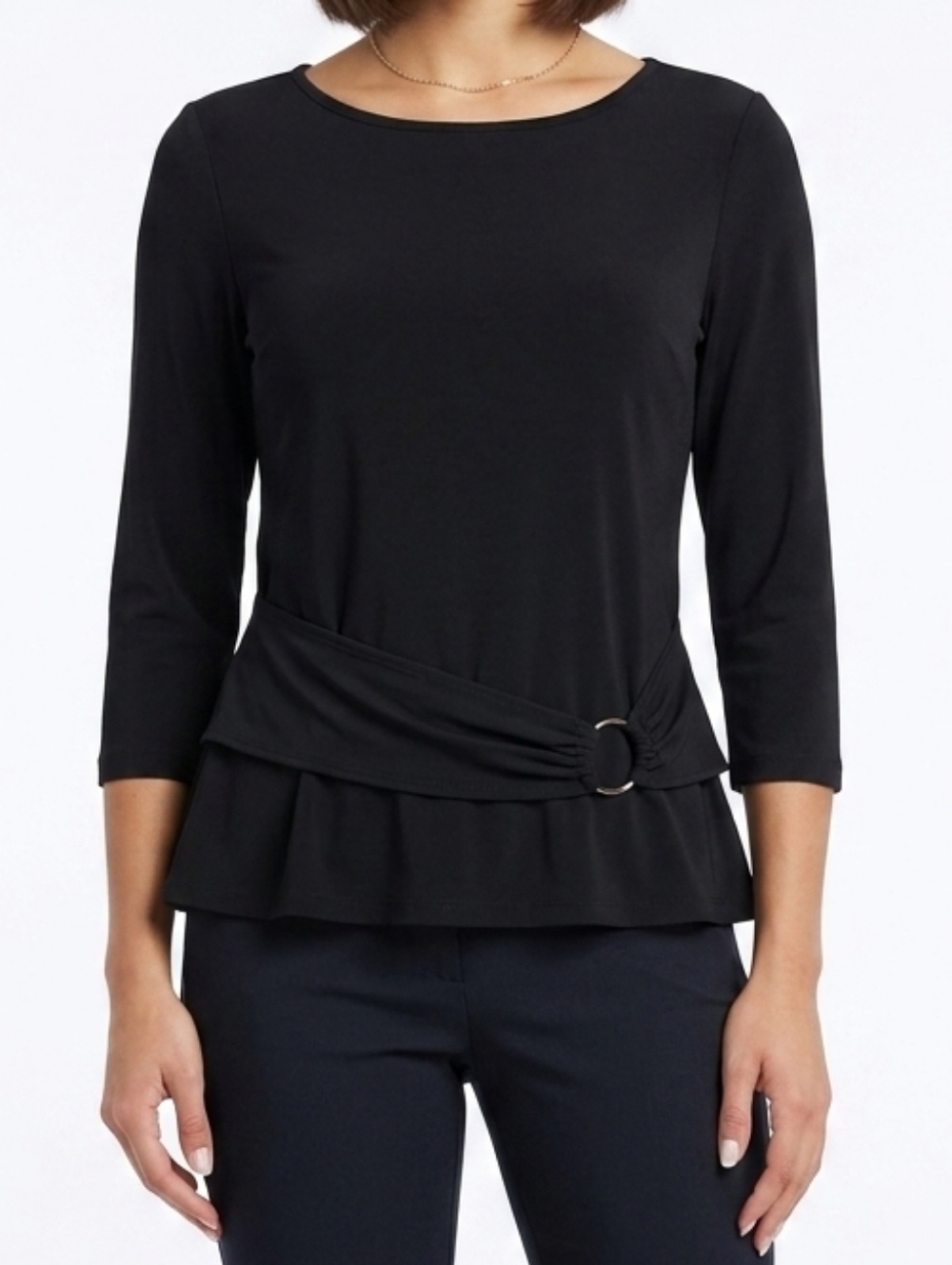 Reitmans Black 3/4 Sleeve Top Silver Ring Half Belt Womens Size Large Blouse